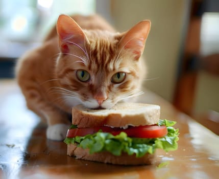A curious orange tabby cat looks intently at a sandwich on a wooden table, its eyes focused on the tasty treat.