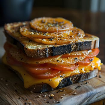 A close up of a grilled cheese sandwich with tomatoes and spices, the cheese is melted and gooey, the bread is crispy, and the tomatoes are juicy and flavorful