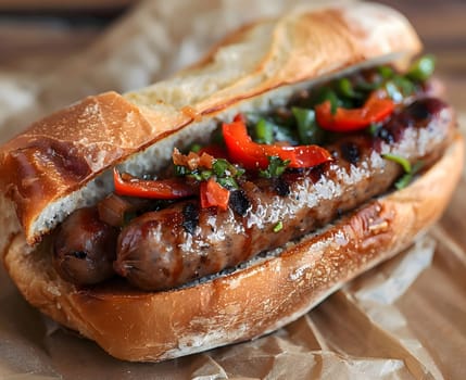 Close-up of a grilled sausage served in a bun with red peppers, onions, and herbs.