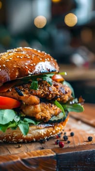 Close-up of a mouthwatering chicken burger with a sesame seed bun, lettuce, tomato, and a flavorful sauce. The burger is placed on a wooden board with peppercorns scattered around it.