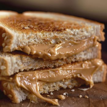 Close up of a peanut butter sandwich with the peanut butter oozing out.