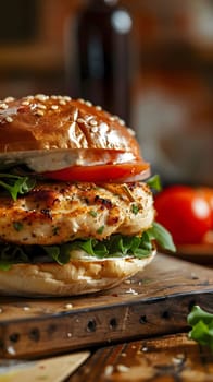 A close-up view of a mouthwatering chicken burger on a wooden cutting board, with a juicy chicken patty, fresh lettuce, tomato, and a toasted sesame bun.