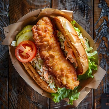 A delicious fried fish sandwich with coleslaw on a soft bun. The fish is crispy on the outside and moist on the inside, and the coleslaw is fresh and tangy.