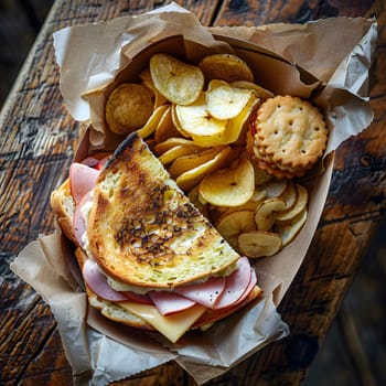 A delicious grilled ham and cheese sandwich with a side of crispy potato chips, perfect for a quick and easy meal.