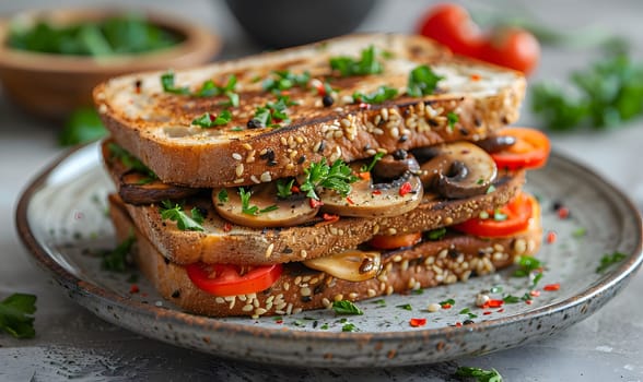 A close-up of a mouthwatering sandwich filled with grilled mushrooms and tomatoes. The sandwich is toasted to perfection, and the mushrooms and tomatoes are bursting with flavor. The image is a perfect representation of a simple yet delicious meal.