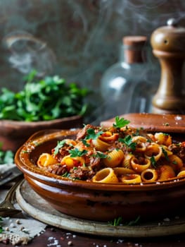 A traditional Libyan dish, Mbakbaka, served in a tagine. The pasta is cooked with a spicy tomato sauce and meat, showcasing the rich flavors of North African cuisine