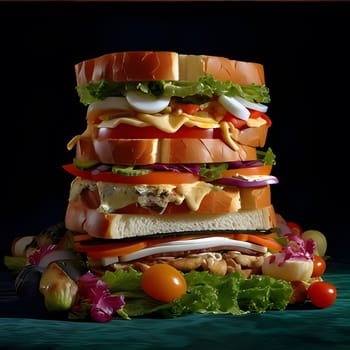 A close-up shot of a tall stack of delicious sandwiches with various fillings, including meat, cheese, tomatoes, and lettuce.