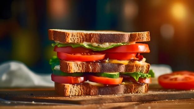 A tempting sandwich with layers of tomatoes, cucumber, lettuce, and a creamy spread, inviting you to take a bite.