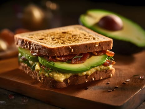 A close-up image of a delicious avocado, bacon, and egg sandwich on whole wheat bread. The sandwich is fresh and inviting, with layers of creamy avocado, crispy bacon, and fluffy egg.
