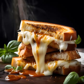 A close up shot of a grilled cheese sandwich with melted cheese. The sandwich is golden brown and crispy, and the cheese is gooey and melted. The sandwich is sitting on a dark surface with basil leaves scattered around it.