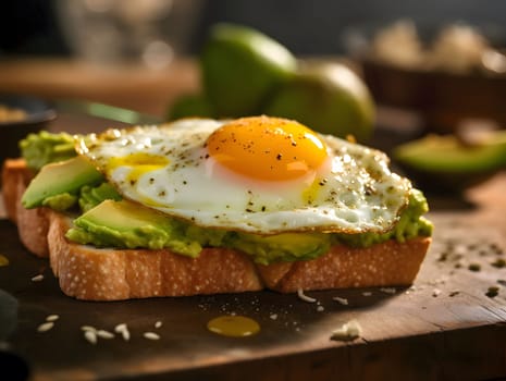 A close-up shot of avocado toast topped with a fried egg, a delicious and healthy breakfast option.