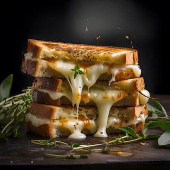 A close-up of a grilled cheese sandwich with melted cheese, the gooey cheese is dripping down the sides of the sandwich.