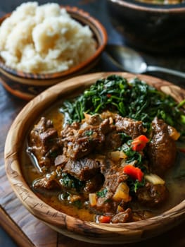 A traditional Zimbabwean meal featuring a bowl of sadza cornmeal porridge, accompanied by a savory meat stew and fresh greens