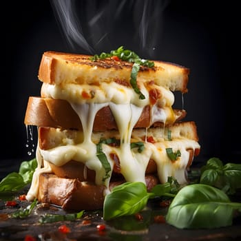 A close-up shot of a grilled cheese sandwich with melted cheese and a touch of basil and tomatoes