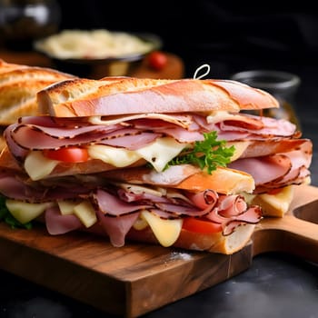 A close-up of a delicious ham and cheese sandwich on a baguette, with fresh ingredients and a rustic wooden background.