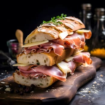 A close-up shot of a delicious sandwich made with fresh bread, ham, cheese, and herbs. The sandwich is displayed on a wooden cutting board, and the image showcases its mouthwatering appeal.