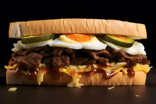 A close-up of a delicious beef sandwich with egg, cheese, and pickle. The sandwich is on a brown background, and the meat is visible through the open sandwich.