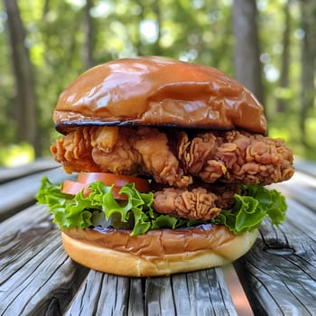 Close up of a crispy fried chicken sandwich with a bun, lettuce, and tomato on a wooden surface.