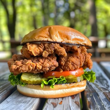 Close up of a delicious crispy fried chicken sandwich with lettuce, tomato and pickles on a toasted bun