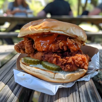Close-up of a crispy fried chicken sandwich with pickles on a white paper wrap, against a wooden table background