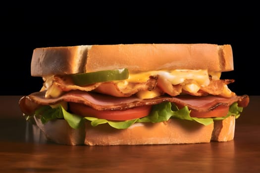 A mouthwatering sandwich with layers of ham, cheese, tomato, lettuce, and pickles, all piled high on a fluffy bread roll.