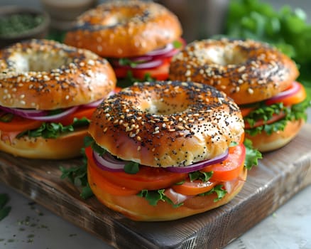 Close up of three bagel sandwiches with tomato, onion, and lettuce on a wooden table.