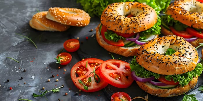 Closeup of three delicious sesame bagel sandwiches filled with fresh vegetables, on a dark grey surface. The sandwiches are arranged in a pleasing way, and the image is inviting and appetizing.