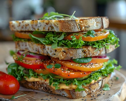 A mouthwatering multilayered sandwich bursting with fresh vegetables, including crisp lettuce, juicy tomatoes, and refreshing cucumber, all nestled between slices of toasted bread.