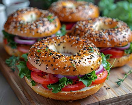 A closeup of a sesame bagel sandwich filled with fresh tomatoes, red onion, and lettuce. The bagel is toasted and the filling is crisp and juicy, making it a delicious and healthy meal option.