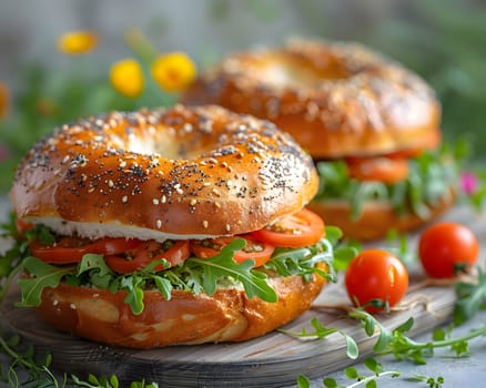 A close-up of a bagel sandwich with fresh greens and tomatoes. The bagel is topped with sesame and poppy seeds, and the sandwich is filled with arugula and slices of tomato.