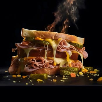A mouthwatering melted cheese sandwich with layers of ham, pickles and a soft bread, is steaming on a black background