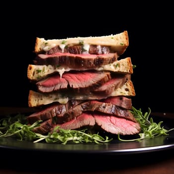 A mouthwatering grilled steak sandwich stacked high with gooey cheese and toasted bread. It's the perfect meal for any occasion.