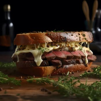 A close up of a mouthwatering grilled steak sandwich with melted cheese, the sandwich is served on a wooden board, with fresh herbs in the background.
