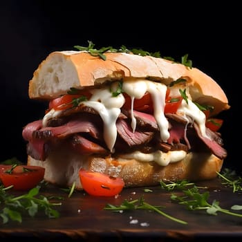 Close-up of a roast beef sandwich with mozzarella cheese and tomato slices. The sandwich is on a wooden board. This delicious sandwich will satisfy your hunger in an instant.