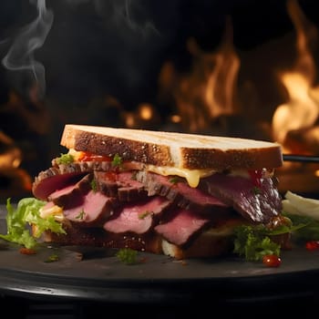 A mouthwatering steak sandwich with melted cheese, lettuce, and tomato sauce. The sandwich is grilled to perfection and the smoke adds to the flavor and aroma.