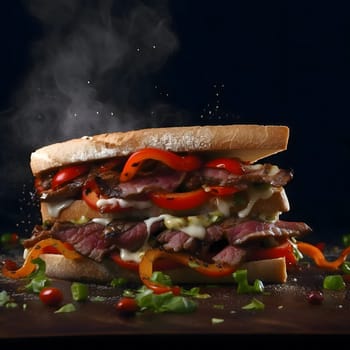 A mouthwatering steak sandwich piled high with red bell peppers, melted cheese, and juicy steak, all on a toasted bun.
