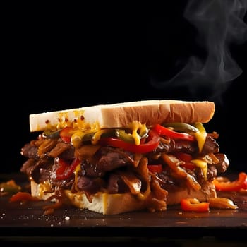 A mouthwatering steak and cheese sandwich with a generous helping of onions and peppers, all tucked inside a toasted bun.