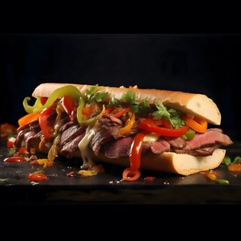 A mouthwatering steak sub sandwich filled with peppers, onions and melted cheese.