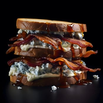 A close-up of a bacon, blue cheese, and maple syrup sandwich. The sandwich is grilled and has a crispy exterior with a gooey and melted interior. The bacon is cooked to a crispy texture and the blue cheese is melted and bubbly.