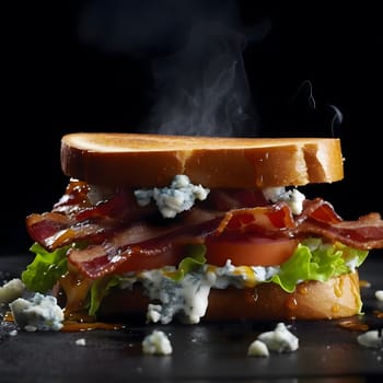 A close-up of a delicious bacon, lettuce, and tomato sandwich with blue cheese. The sandwich is steaming, and the ingredients are fresh and flavorful.