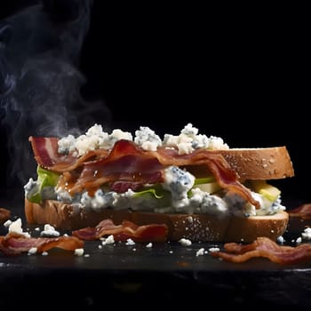 A delicious looking sandwich with bacon, blue cheese, and apple. The sandwich is on a dark background and has a steam coming from it.