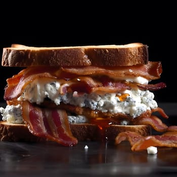 A mouthwatering sandwich with crispy fried chicken, thick-cut bacon, creamy blue cheese, and a drizzle of honey, all nestled between toasted bread.