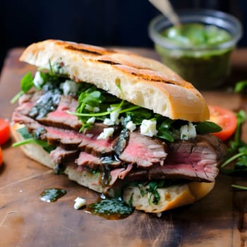 A close-up of a delicious steak sandwich on a wooden surface. The sandwich is filled with grilled steak, arugula, and blue cheese. It looks appetizing and fresh.