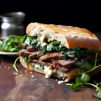 A mouthwatering steak sandwich layered with fresh spinach, creamy blue cheese, and a tangy dressing. A perfect combination of flavors and textures.