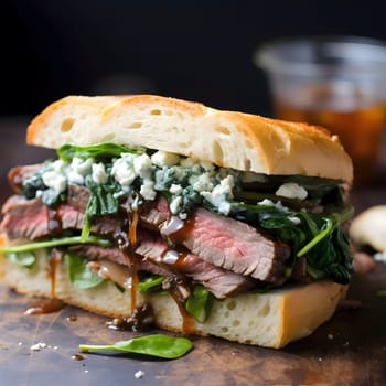 Close-up shot of a mouthwatering steak sandwich with blue cheese, spinach, and a drizzle of sauce.