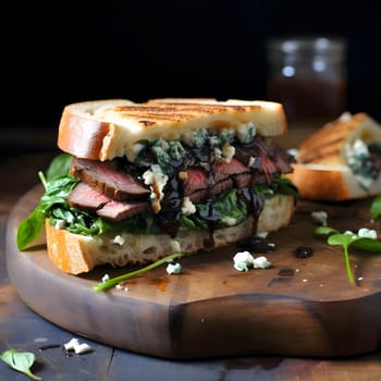 A mouthwatering steak and blue cheese sandwich with spinach and drizzled balsamic glaze