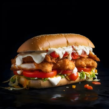 Closeup of a crispy chicken sandwich with a soft bun and creamy sauce