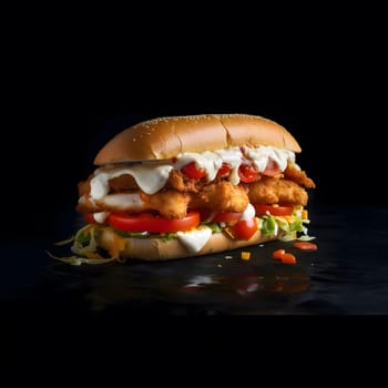 Close-up of a mouthwatering chicken sandwich with creamy sauce, tomatoes, lettuce, and a soft, fresh bread bun