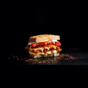 Closeup of a chicken sandwich with tomato and mayonnaise on a dark background