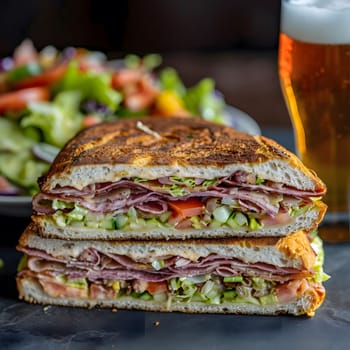 A mouthwatering grilled sandwich with fresh ingredients like lettuce, tomato, cucumber, and various meats. The sandwich is perfectly toasted and oozing with flavor.